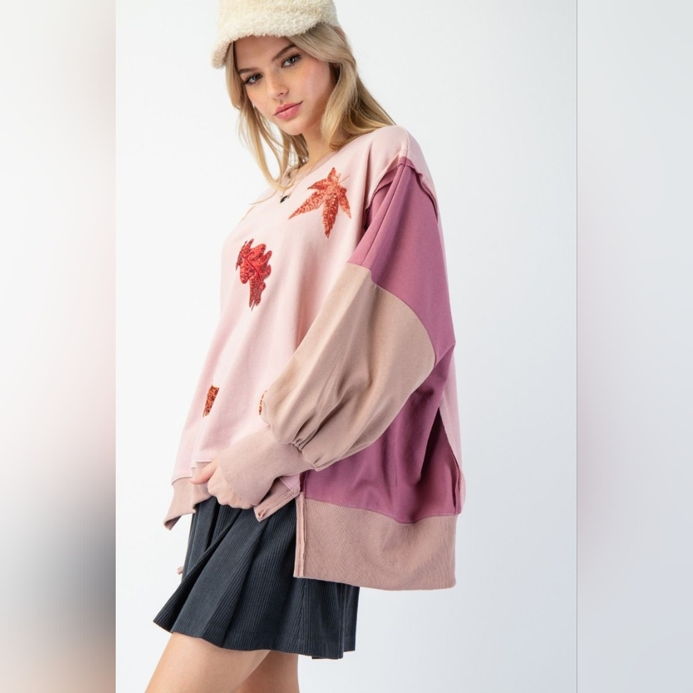 7-1118 *Boutique* Easel Color Block Sequin leaves Patch Boho Holiday Pullover - Picture 4 of 5